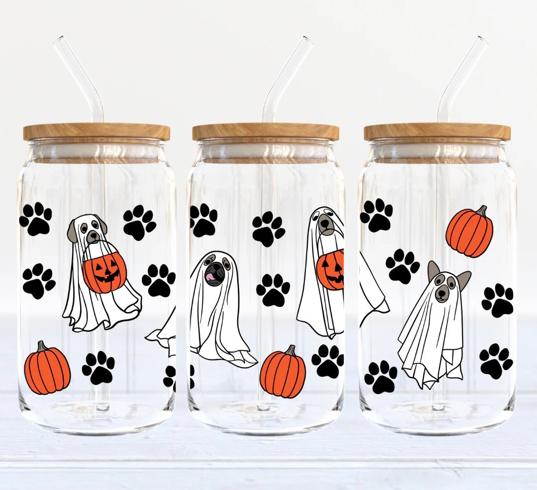 Doggy Trick or Treat 16oz Glass Can