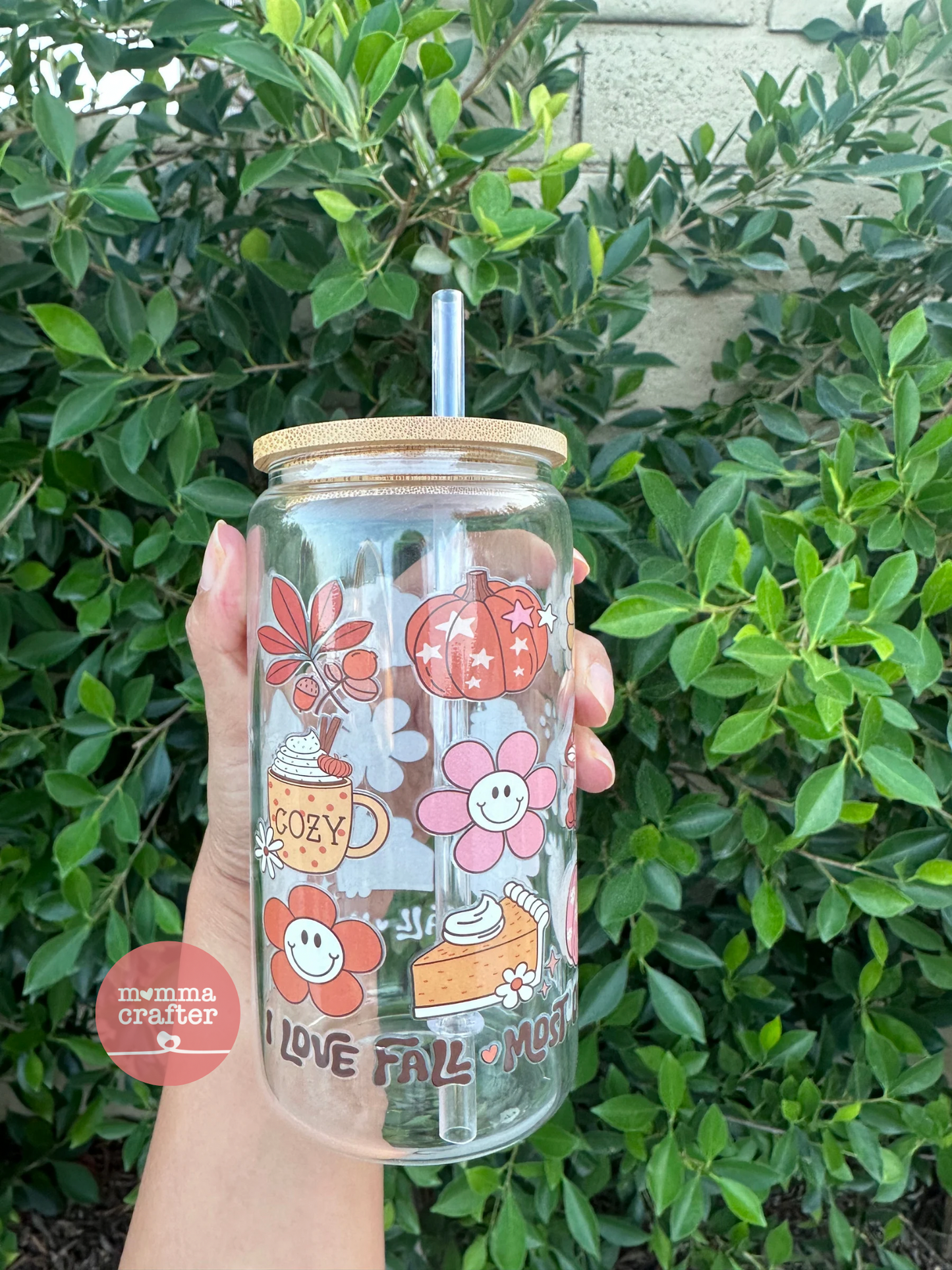 I Love Fall Most of All 16oz Clear Glass Can