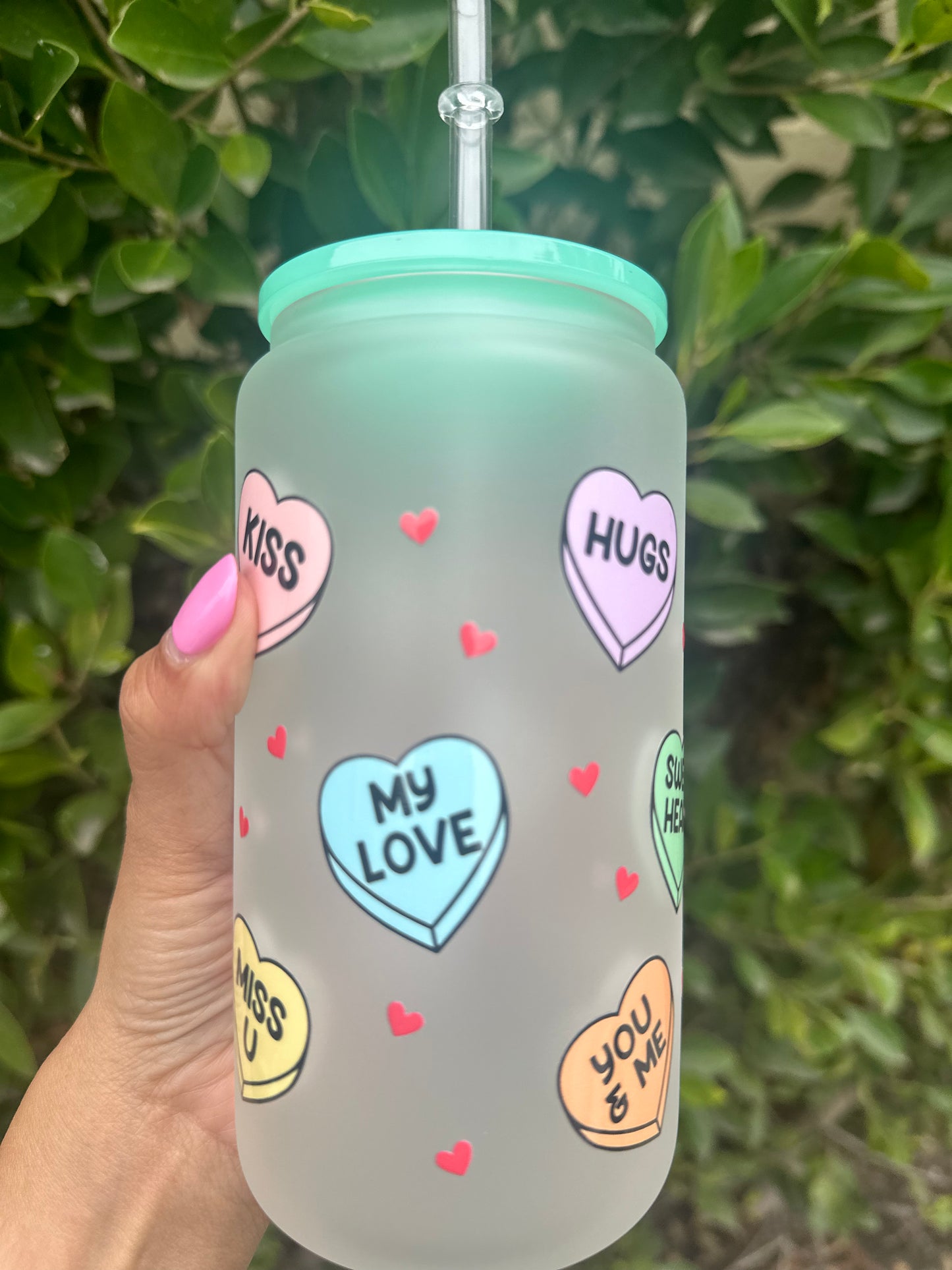Conversation Hearts Frosted Glass Can