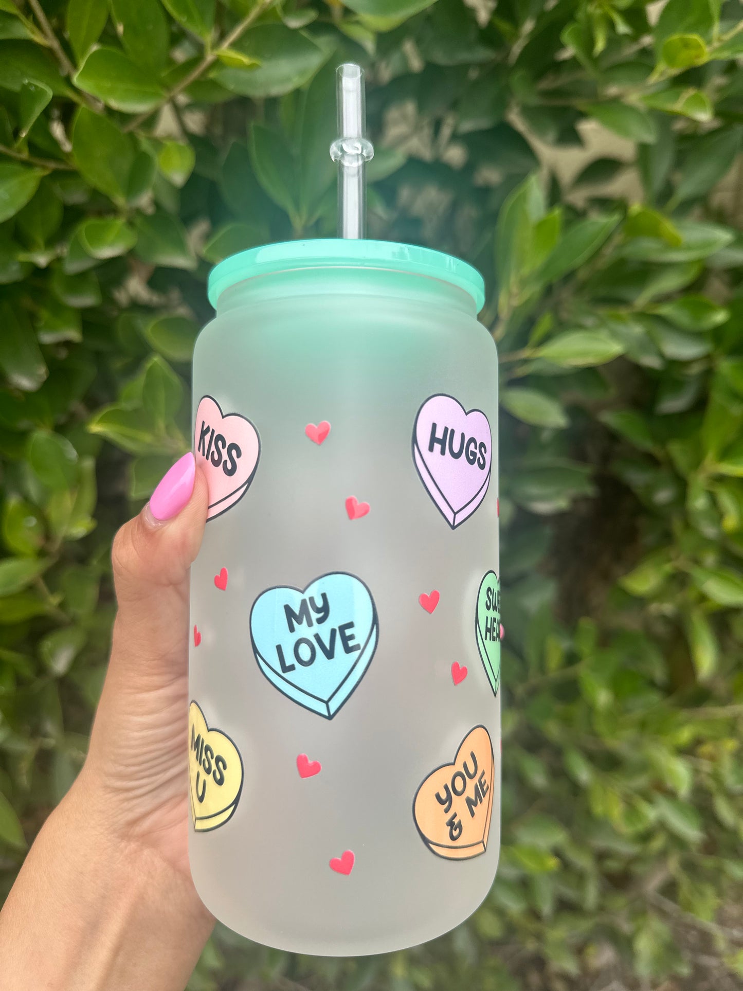 Conversation Hearts Frosted Glass Can