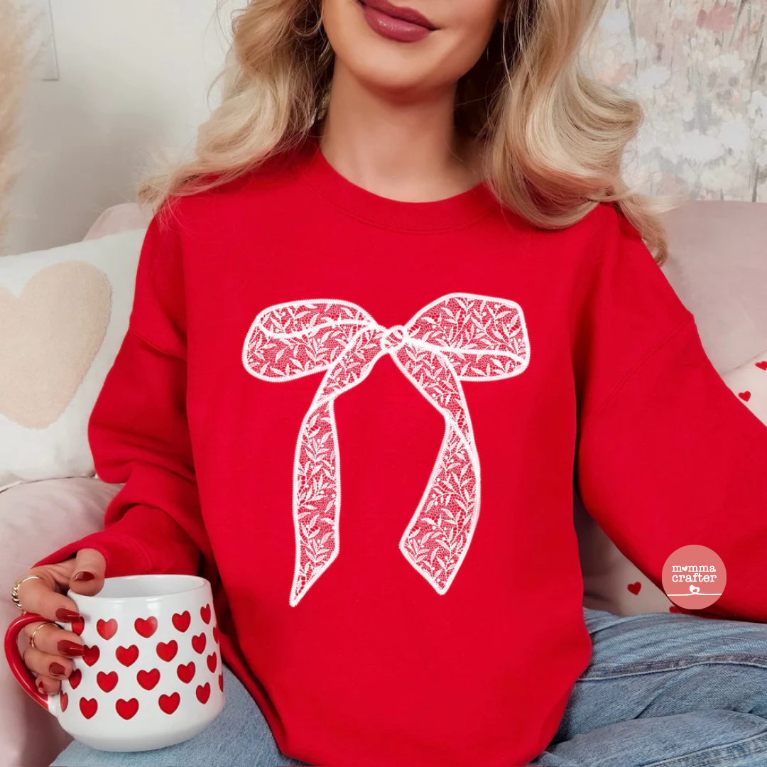 Faux Embroidered Lace Bow Crewneck