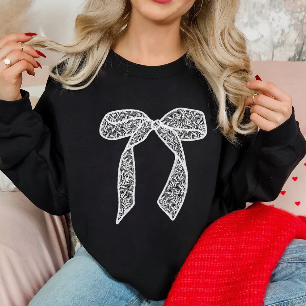 Faux Embroidered Lace Bow Crewneck