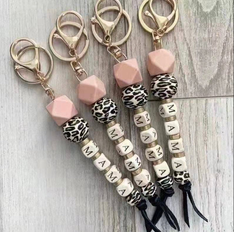 Mama Leopard Beaded Keychain