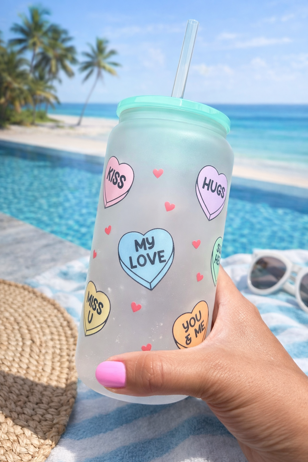 Conversation Hearts Frosted Glass Can